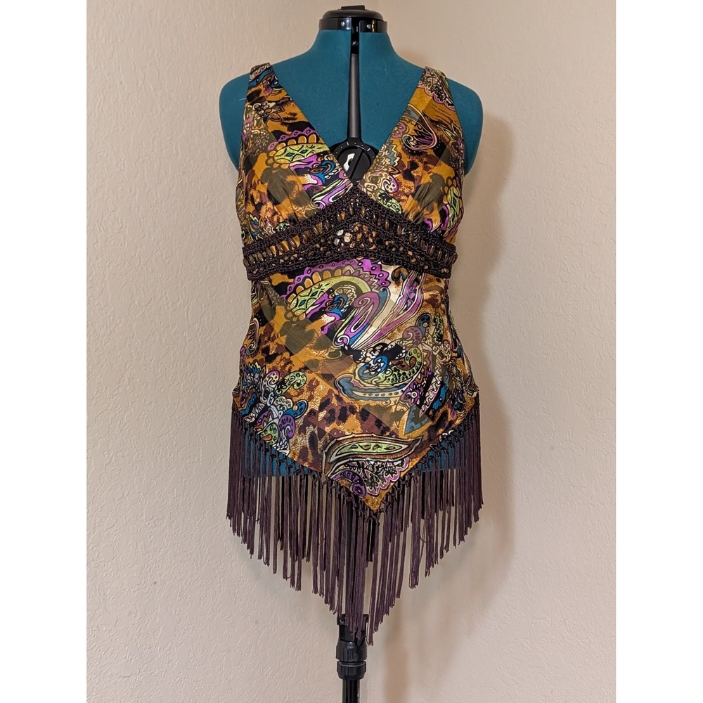 Cache Brown Paisley Leopard Silk Blend Fringe V-Neck Top Size 10 NWT
